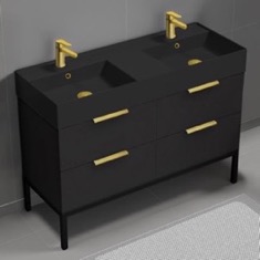 48 inch Double Bathroom Vanity With Black Sink - Modern, Matte Black, Free Standing, Gold Handles